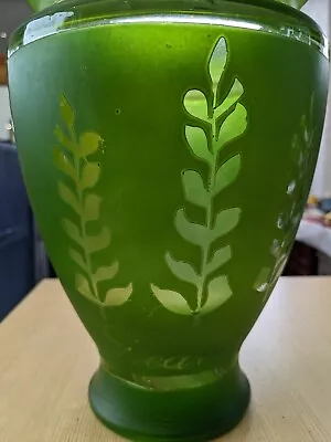 Buy Gorgeous Vintage Bohemian Green Glass Vases Etched Frosted Panels With Leaves.  • 24£