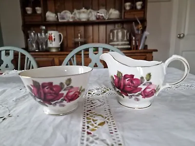 Buy Vintage Queen Anne Milk Jug And Sugar Bowl Set Pink Roses • 12£