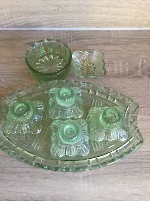 Buy 7 Vintage Pressed Green Glass Dressing Table Set Tray 4 Candle Holders &2 X Dish • 12£