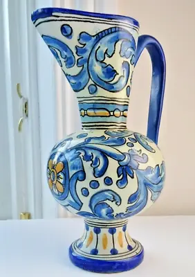 Buy Antique Majolica Maiolica Blue Yellow Hand Painted Unmarked Jug 23cm Tall • 23.45£