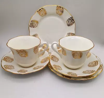 Buy 2 X Tea Trios Taylor & Kent Fine China Art Deco White Gold Fluted Cups • 15£