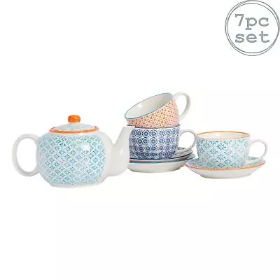 Buy Teapot & Cups Set Porcelain Hand Printed Ceramic 3 Vintage Style Coloured Cups • 20£