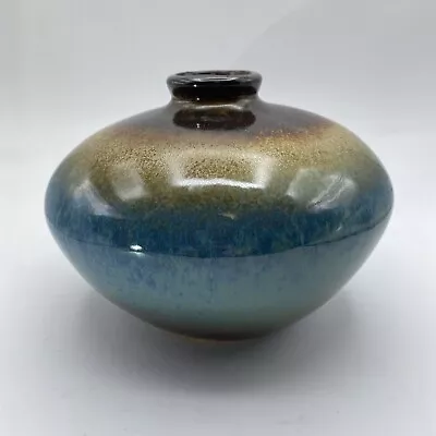 Buy Art Pottery Squat Vase Turquoise Dark Gradient Brown Amber Drip Glaze 5  Tall  • 26.68£