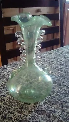 Buy Vintage Czech Bohemian Spatter / Splatter Glass Vase Green And Clear 15.75 Inch • 15.99£