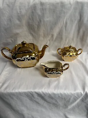 Buy Vintage Sadler Teapot Set GOLD HARLEQUIN CUBE Lidded Sugar Creamer 1950s • 10£