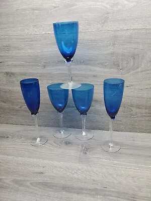 Buy Vtg Cobalt Blue Wine Champagne Water Glasses Clear Stemed Qty 5 • 22.80£