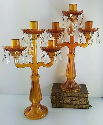Buy Pair Antique 1890's English Victorian Amber Glass Candelabra Candlestick Holders • 1,384.42£