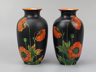 Buy Vibrant Art Deco Vases Matte Black With Orange Poppies Crown Ducal • 125£