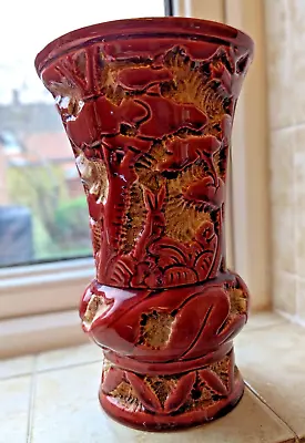 Buy Fabulous And Unusual Vintage Red Pottery Vase Cutout Trees Rabbit 9  Tall • 11.95£