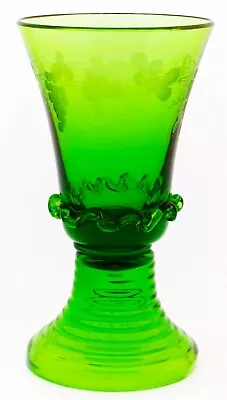Buy Antique Czech Green Roemer Wine Glass With Ruffle, Etched And Cut Bowl • 29.99£