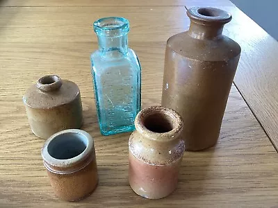 Buy Collection Of 4 Vintage Small Stoneware Pots And 1 Glass Bottle  • 5£