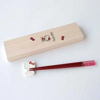 Buy Hello Kitty Chopstick And Chopstick Rest Set (pink) Mino Ware Natural Wood • 83.39£