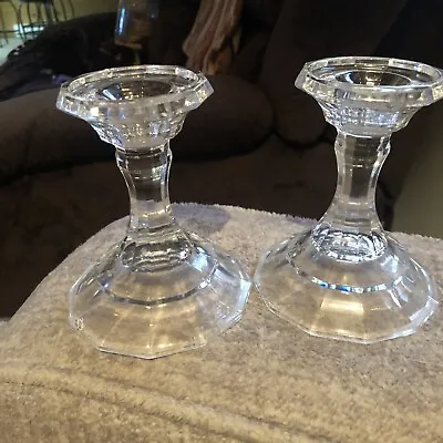 Buy Set Of 2 Clear Glass Heavy Candle Holders 5.25  Tall,USED,J-3-1 • 13.75£