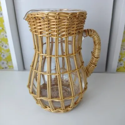 Buy Vintage Wicker Basket Glass Jug 8  Drink Pitcher Sangria Cocktail Retro Home Bar • 12.99£