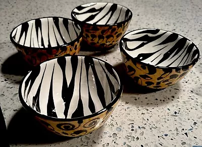 Buy Vintage Wynne Ware USA BOWLS. SET OF 4 Handmade Pottery Cheetah Zebra Print  • 141.14£