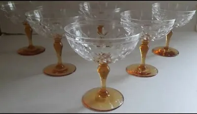 Buy 6 X Stuart Crystal CUT ART DECO Champagne Coupes  Glass Amber Stems L.KNY • 150£