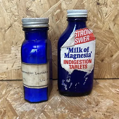 Buy 2 X Vintage Blue Glass Apothecary Medicine Chemist Bottle Magnesium Lactate • 4.99£