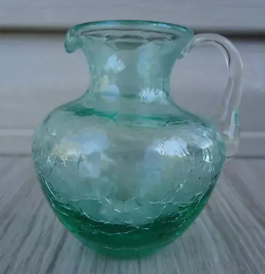 Buy VTG Hand Blown Green Crackle Glass Pitcher Creamer Vase Applied Handle 3 In Mini • 14.18£
