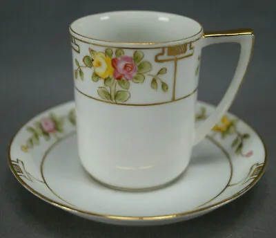 Buy Nippon Hand Painted Pink & Yellow Roses & Gold Chocolate Cup & Saucer • 19.18£