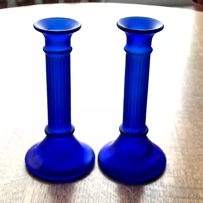 Buy Pair 7ins Cobalt Blue Glass Pillar Candlesticks • 19.99£