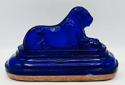 Buy Antique Cobalt Blue Glass Lioness Paperweight On Terracotta Base • 85£