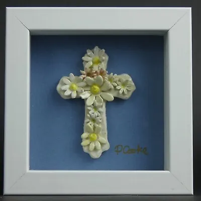 Buy Small Handmade Framed Ceramic Cross Flower Nature Sculpture Irish Pottery • 20£