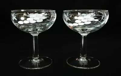 Buy Vintage Engraved Glass Champagne Saucers/Coupes Pair Mid 20thC • 39.99£