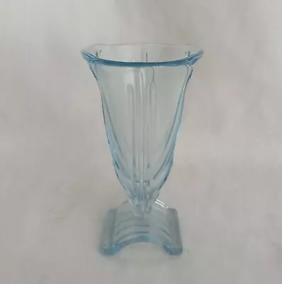 Buy Vintage Art Deco Blue Pressed Glass Small Trumpet Vase Bagley Or Similar 4  • 14.99£