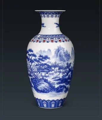 Buy Beautiful Classic Chinese Blue & White Landscape Pattern Vase From JingDeZhen • 66.99£