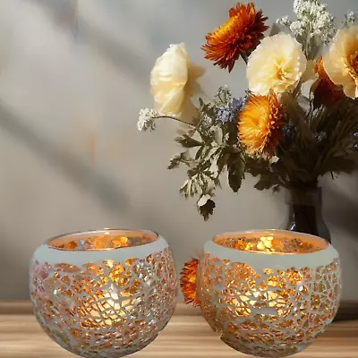 Buy PAIR OF GLASS CANDLE HOLDERS GOLD SPARKLING CRACKLE GLASS BOWLS 8cm X 7cm  • 12.95£