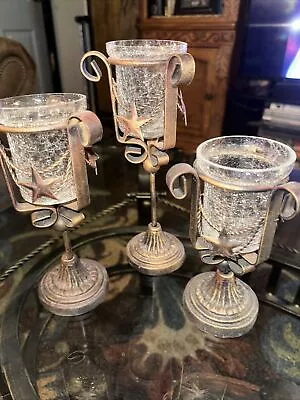 Buy Vintage Gold Star Crackled Glass Candle Holders Set Of Three 9 1/4 ~ 8 ~ 6 3/4 • 40.34£
