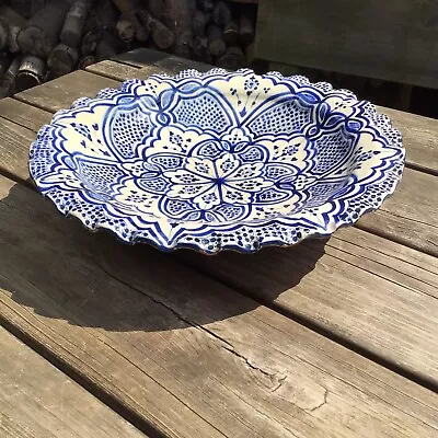 Buy Old Vintage Large 14.75” Safi Moroccan Pottery Wall Hanging Pie Crust Edge Bowl • 75£