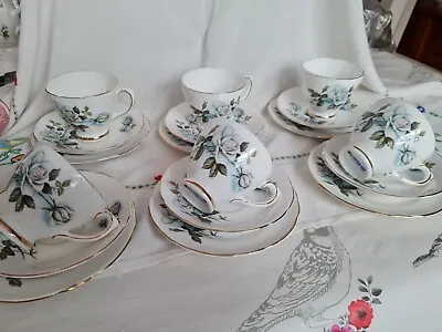 Buy Vintage Royal Sutherland China 6 Tea Cups & Saucers Plates Set White Blue Roses • 19.99£