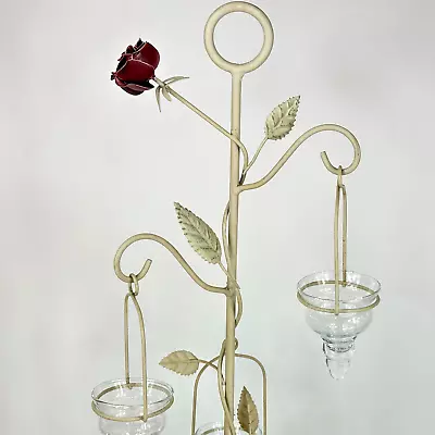 Buy Vintage French Tall Cream Metal Toleware With Glass Candle Holders & Metal Roses • 18£