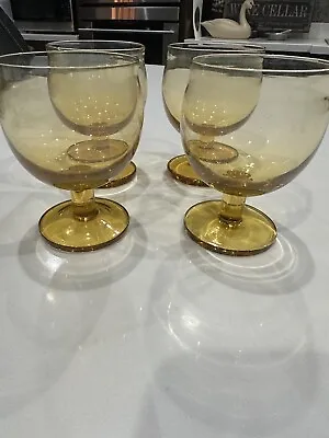 Buy VINTAGE 1970s Amber Yellow Wine Glasses Goblets Short Stem MCM Set Of 4 • 57.64£