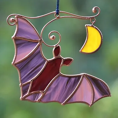Buy Stained Glass Bat With Moon Suncatcher, Windows Hangings Decoration • 41.44£