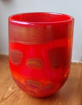 Buy Deep Red Iridescent Phonecian Hand Blown Art Glass Vase Malta - Vintage • 38£