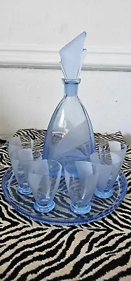 Buy Exquisite Vintage Frosted Blue Glass Decanter - 6 Shot Glasses - Serving Tray • 1£
