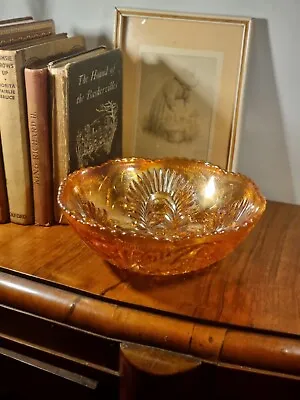 Buy Antique Edwardian Marigold Carnival Glass Round Scalloped Floral & Diamond Bowl • 14.99£