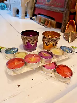 Buy A Pair Of Recycled Glass & Metal Indian Tealight Holders With 2 Packs Of Candles • 16.99£