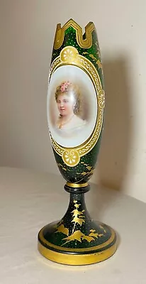 Buy Antique 19th Century Bohemian Moser Green Glass Hand Painted Gilt Portrait Vase • 337.46£