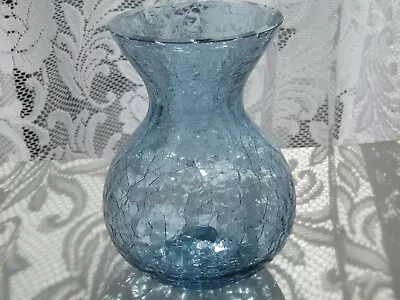 Buy PRE-OWNED 12cm.high  MID CENTURY AZURE BLUE BLOWN CRACKLE GLASS BULB / POSY VASE • 3.50£