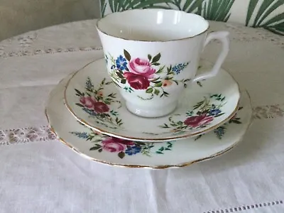 Buy Crown Staffordshire Trio White China With Lovely Floral Decoration In Pink Roses • 5£