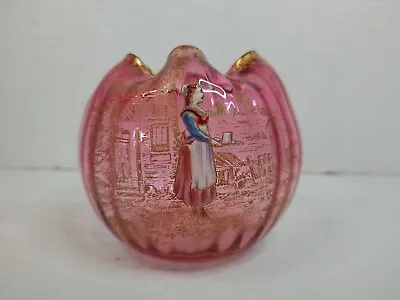 Buy Theodore Rossler Enameled Girl Rose Bowl Pink Bohemian Art Glass Gold Embossed • 104.35£