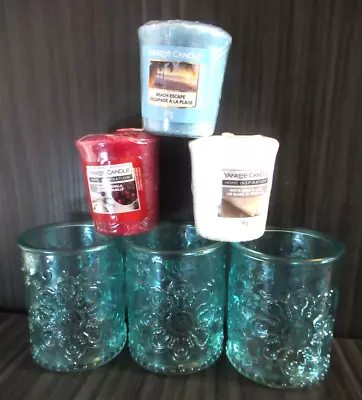 Buy Set Of 3 Pretty Blue Glass Candle Holders And 3 Yankee Votives. • 10.99£