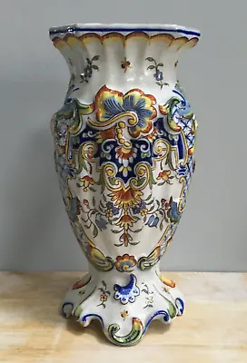 Buy Antique Desvres French Faience Hand Painted Polychrome Enamel Footed Vase 25cm H • 30£