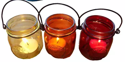 Buy 3 Coloured Glass Tea Light YANKEE Candle Holders Metal Handles Stamped Front • 10.99£