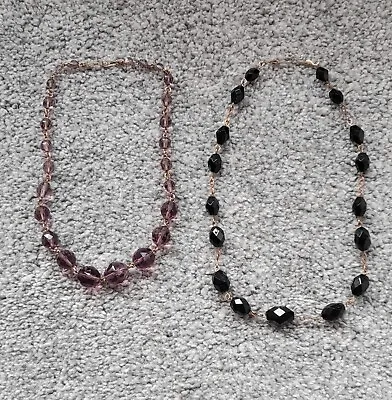 Buy 2x Art Deco Faceted Amethyst & Black Glass Bead Necklaces On Rolled Gold Wires • 10£