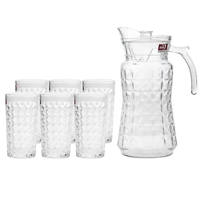 Buy 7 Piece Glass Pitcher Jug With Tumblers Glasses Water Set Juice Drinkware & Lid  • 17.99£