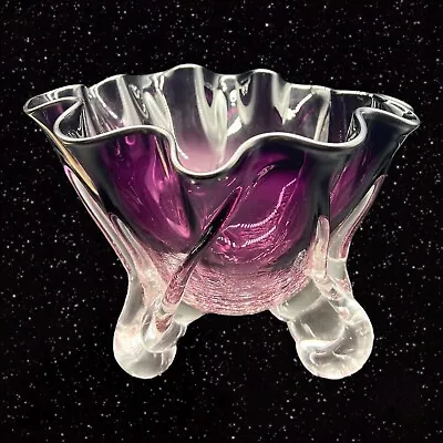 Buy Vintage Polish Art Glass Centerpiece Bowl Vase Crackle Purple Clear Signed Glass • 247.21£